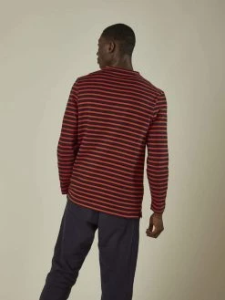 Cut & Pin Clothing Relaxed Fit Crew Neck Cotton Long Sleeve T-shirt | Navy & Red Stripe