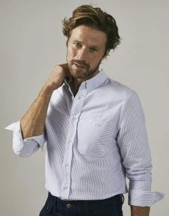 Cut & Pin Slim Fit Cotton Oxford Shirt | Navy Stripe