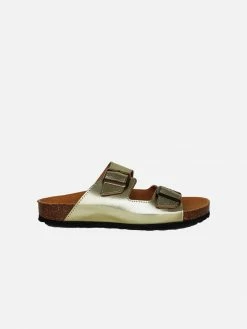 Good Guys Don't Wear Leather Juno Vegan Leather Buckled Slide-On Sandals | Gold