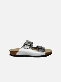 Good Guys Don't Wear Leather Juno Apple Leather Vegan Buckled Slide-On Sandals | Silver