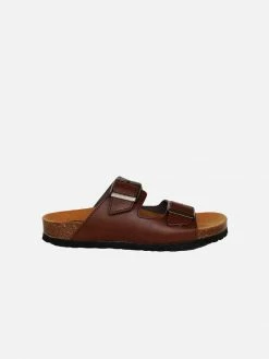 Good Guys Don't Wear Leather Shoes Juno Vegan Leather Buckled Slide-On Sandals | Brown
