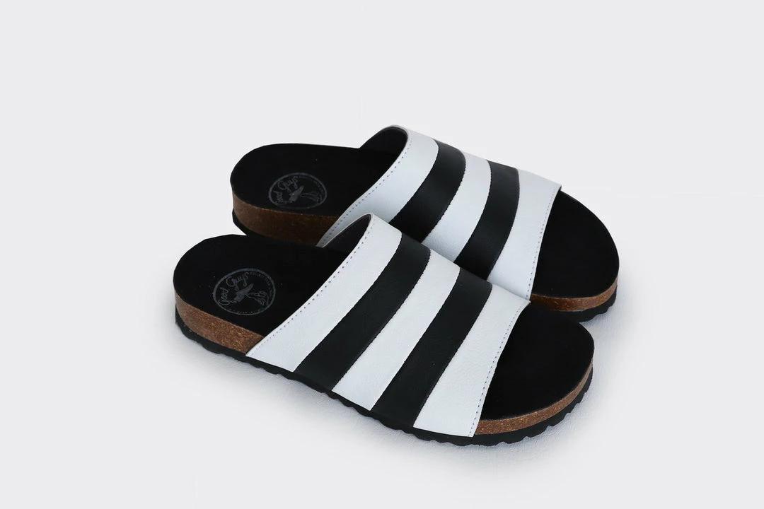 Good Guys Don't Wear Leather Shoes Jerry Apple Leather Vegan Slide-On Sandal | Black & White 4 Good Guys Don't Wear Leather Shoes Jerry Apple Leather Vegan Slide-On Sandal | Black & White