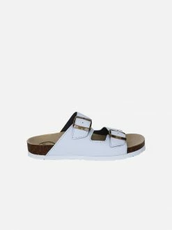 Good Guys Don't Wear Leather Shoes Juno Apple Leather Vegan Buckled Slide-On Sandal | White