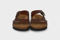 Good Guys Don't Wear Leather Shoes Juno Vegan Leather Buckled Slide-On Sandals | Brown