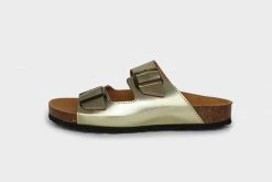 Good Guys Don't Wear Leather Juno Vegan Leather Buckled Slide-On Sandals | Gold