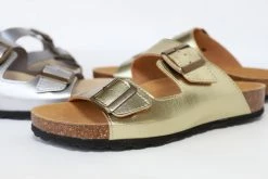 Good Guys Don't Wear Leather Juno Vegan Leather Buckled Slide-On Sandals | Gold