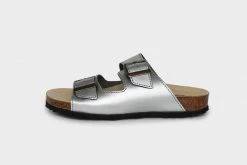 Good Guys Don't Wear Leather Juno Apple Leather Vegan Buckled Slide-On Sandals | Silver