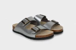 Good Guys Don't Wear Leather Juno Apple Leather Vegan Buckled Slide-On Sandals | Silver