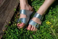 Good Guys Don't Wear Leather Juno Apple Leather Vegan Buckled Slide-On Sandals | Silver