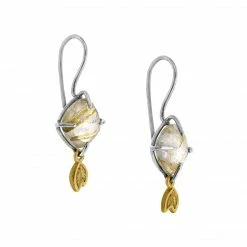 JULIA THOMPSON JEWELLERY Checkerboard Golden Rutile & Leaf Drop Earrings | 18ct & Silver Accessories