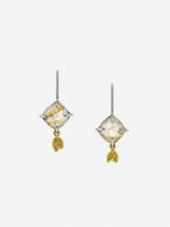 JULIA THOMPSON JEWELLERY Checkerboard Golden Rutile & Leaf Drop Earrings | 18ct & Silver Accessories