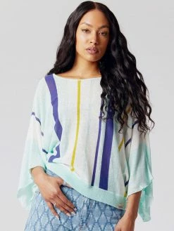 KOMODO Faa Organic Linen 3/4 Length Top | Turquoise Stripe