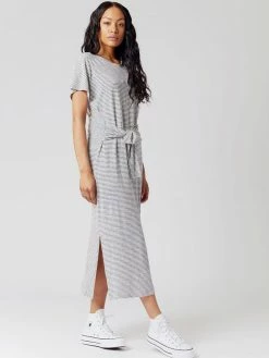 KOMODO Fonda Organic Linen Jersey Dress | Navy Stripe Clothing