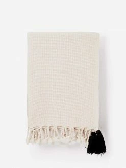 Lüks Linen Homeware Pom Pom Cotton Weave Vegan Blanket | Cream