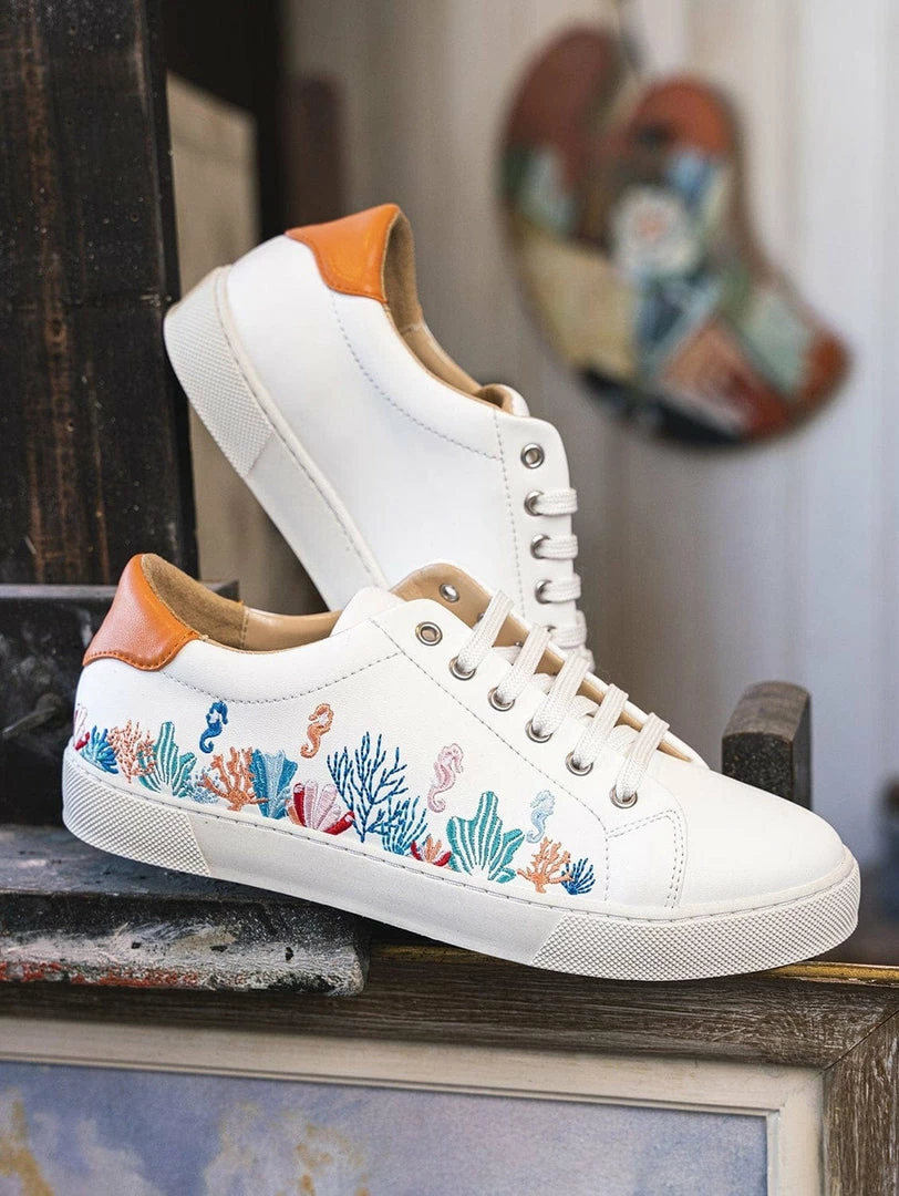 Minuit Sur Terre Bestsellers Virevolte Embroidered Vegan Leather Trainers | Corals 3 Minuit Sur Terre Bestsellers Virevolte Embroidered Vegan Leather Trainers | Corals