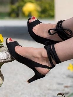 Minuit Sur Terre Alchemy Vegan Suede Ankle Tie Heeled Sandals | Black Shoes