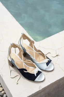 Minuit Sur Terre Shoes Calanque Ankle Tie Vegan Leather Heeled Sandals | Blue & White