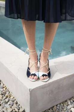 Minuit Sur Terre Shoes Calanque Ankle Tie Vegan Leather Heeled Sandals | Blue & White