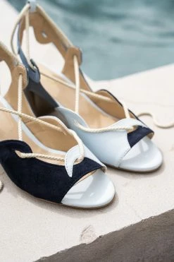 Minuit Sur Terre Shoes Calanque Ankle Tie Vegan Leather Heeled Sandals | Blue & White