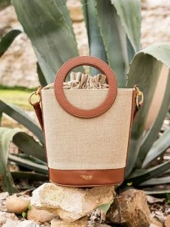Minuit Sur Terre Gaia Round Handle Linen & Vegan Leather Handbag | Chestnut