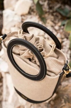 Minuit Sur Terre Bags Gaia Round Handle Linen & Grape Leather Vegan Handbag | Black 7 Minuit Sur Terre Bags Gaia Round Handle Linen & Grape Leather Vegan Handbag | Black