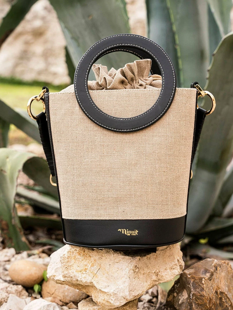 Minuit Sur Terre Bags Gaia Round Handle Linen & Grape Leather Vegan Handbag | Black 3 Minuit Sur Terre Bags Gaia Round Handle Linen & Grape Leather Vegan Handbag | Black