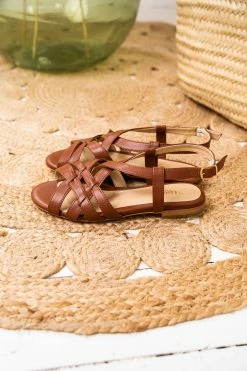 Minuit Sur Terre Shoes Oliveraie Vegan Leather Flat Slingback Sandals | Chestnut