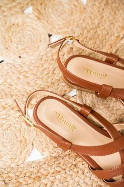 Minuit Sur Terre Shoes Oliveraie Vegan Leather Flat Slingback Sandals | Chestnut