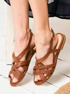 Minuit Sur Terre Shoes Oliveraie Vegan Leather Flat Slingback Sandals | Chestnut