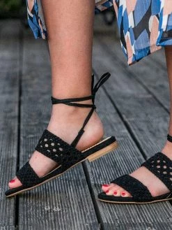 Minuit Sur Terre Roccapina Ankle Tie Braided Vegan Sandals | Black Shoes