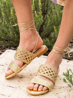 Minuit Sur Terre Roccapina Ankle Tie Braided Vegan Sandals | Gold