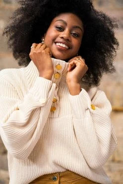 Minuit Sur Terre Clothing Shetland Funnel Neck Recycled Cotton Jumper | Ecru