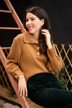 Minuit Sur Terre Shetland Funnel Neck Recycled Cotton Jumper | Hazelnut Bestsellers