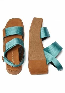 Mireia Playà Meritxell Adjustable Vegan Satin Platform Sandals | Blue Shoes