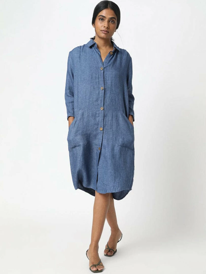 Neu Nomads Petra Long Sleeve Linen Shirt Dress | Chambray Clothing 3 Neu Nomads Petra Long Sleeve Linen Shirt Dress | Chambray Clothing