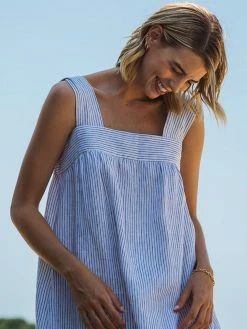 Neu Nomads Square Neck Linen Dress | White Stripe