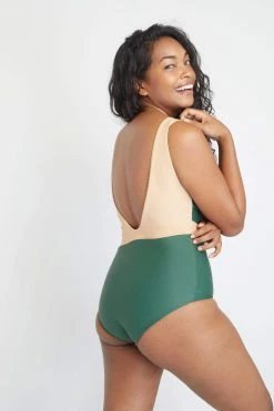 Ozero Swimwear Geneva ECONYL® V-Neck One Piece Swimsuit | Forest Green/Beige Clothing