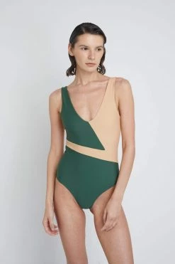 Ozero Swimwear Geneva ECONYL® V-Neck One Piece Swimsuit | Forest Green/Beige Clothing