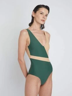 Ozero Swimwear Geneva ECONYL® V-Neck One Piece Swimsuit | Forest Green/Beige Clothing