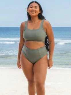 SEPTEMBER Alice ECONYL® Reversible High Waisted Bikini Bottom | Army Green/Forest Green