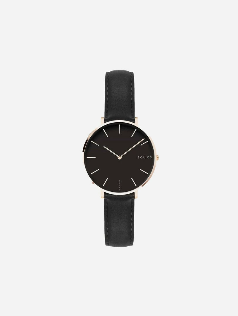Solios Mini Solar Watch With Black & Rose Gold Dial | Black Vegan Leather Strap 3 Solios Mini Solar Watch With Black & Rose Gold Dial | Black Vegan Leather Strap