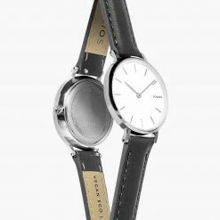 Solios Accessories Mini Solar Watch With White & Silver Dial | Black Vegan Leather Strap
