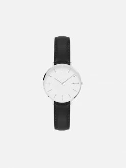 Solios Accessories Mini Solar Watch With White & Silver Dial | Black Vegan Leather Strap