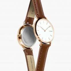 Solios Mini Solar Watch With White & Rose Gold Dial | Brown Vegan Leather Strap Accessories