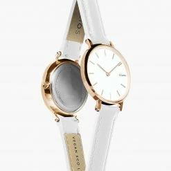 Solios Mini Solar Watch With White & Rose Gold Dial | White Vegan Leather Strap