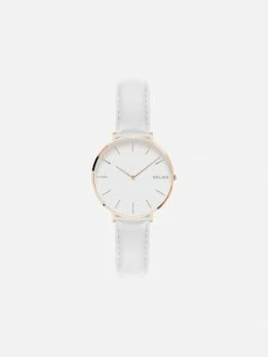 Solios Mini Solar Watch With White & Rose Gold Dial | White Vegan Leather Strap