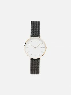 Solios Accessories Mini Solar Watch With White & Rose Gold Dial | Black Mesh Strap