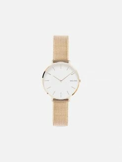 Solios Mini Solar Watch With White & Rose Gold Dial | Rose Gold Mesh Strap