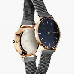 Solios Solar Watch With Black & Rose Gold Dial | Grey Mesh Strap
