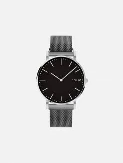 Solios Accessories Solar Watch With Black & Silver Dial | Grey Mesh Strap